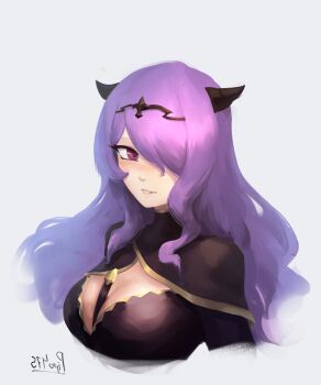 1girl absurdres breasts camilla_(fire_emblem) cleavage commentary demon_horns english_commentary fire_emblem fire_emblem_fates grin hair_ornament hair_over_one_eye highres horns long_hair looking_at_viewer medium_breasts nintendo parted_lips pipo_475 portrait purple_eyes purple_hair sidelocks signature simple_background smile solo tiara upper_body wavy_hair white_background