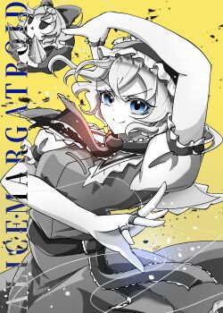 1girl absurdres alice_margatroid blue_eyeliner blue_eyes character_name cowboy_shot eyeliner frilled_hairband frilled_ribbon frilled_sleeves frills glowing greyscale_with_colored_background hairband highres jewelry looking_at_viewer makeup medium_hair multiple_rings neck_ribbon puffy_short_sleeves puffy_sleeves puppet_rings puppet_strings ribbon ring short_sleeves smile solo spot_color touhou v-shaped_eyebrows waist_ribbon yellow_background yuriri2001