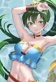 1girl armpits bare_arms bare_shoulders bikini blue_bikini blush breasts brown_choker choker cleavage closed_mouth collarbone earrings fire_emblem fire_emblem:_the_blazing_blade fire_emblem_heroes flower green_eyes green_hair hair_flower hair_ornament highres jewelry large_breasts leather leather_choker long_hair looking_at_viewer lying lyn_(fire_emblem) lyn_(lady_of_the_beach)_(fire_emblem) medium_breasts navel nintendo official_alternate_costume on_back ponytail smile solo stomach strapless strapless_bikini swimsuit tarutaru193 upper_body very_long_hair water