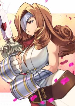 Rule 34 | 1girl, bare shoulders, beatrix (ff9), belt, border, breasts, brown belt, brown eyes, brown hair, cleavage, closed mouth, commentary request, curly hair, eyepatch, falling petals, final fantasy, final fantasy ix, fingerless gloves, gloves, hanada nadako, highres, holding, holding sword, holding weapon, large breasts, light frown, long hair, loose belt, petals, pink petals, solo, sword, toned, toned female, upper body, veil, weapon, white border, white gloves, white veil