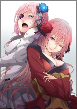 2girls ;) back-to-back blue_eyes blue_flower blue_ribbon border breasts closed_mouth cosplay crossed_arms dual_persona endou_(zettai_bluenoid) eyebrows eyepatch flower frills glowing_flower green_eyes grey_border hair_between_eyes hair_flower hair_ornament hair_ribbon megurine_luka_(hana) highres japanese_clothes kimono large_breasts long_hair long_sleeves looking_at_viewer magnet_(vocaloid) megurine_luka miniskirt multiple_girls nagisa_(phantasy_star) nagisa_(psp2i)_(cosplay) off_shoulder one_eye_closed one_eye_covered open_mouth phantasy_star phantasy_star_portable_2 phantasy_star_portable_2_infinity pink_hair pink_lips pleated_skirt project_diva_(series) project_diva_2nd project_diva_extend red_flower red_rose ribbon rose short_kimono simple_background skirt smile sweat teeth tongue vocaloid white_background wide_sleeves
