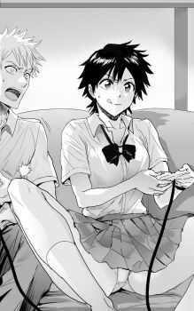 1boy 1girl arisawa_tatsuki bleach bow bowtie breasts closed_mouth collared_shirt controller daraz feet_out_of_frame game_controller greyscale highres holding holding_controller holding_game_controller kurosaki_ichigo licking_lips looking_at_another medium_breasts miniskirt monochrome panties pantyshot playing_games pleated_skirt sanpaku school_uniform shirt short_hair short_sleeves sitting skirt smile socks solo_focus spiked_hair spread_legs sweatdrop tongue tongue_out underwear wide-eyed wing_collar