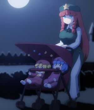 Rule 34 | 3girls, aged down, baby, beret, blonde hair, blue eyes, blue hair, braid, breasts, closed mouth, collared shirt, commentary request, dress, expressionless, fangs, flandre scarlet, food, full body, full moon, green dress, green footwear, green hat, hat, hat ornament, hong meiling, large breasts, loafers, long hair, moon, multiple girls, night, onesie, open mouth, orange hair, outdoors, pants, pinafore dress, pudding, remilia scarlet, shirosato, shirt, shoes, short hair, siblings, sisters, sleeveless, sleeveless dress, star (symbol), star hat ornament, stroller, touhou, twin braids, walking, white pants, white shirt, | |