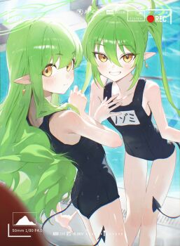 2girls ass blue_archive blush closed_mouth collarbone commentary demon_tail earrings flat_chest green_hair green_halo hair_between_eyes halo hand_on_own_chest highres hikari_(blue_archive) jewelry loli long_hair looking_at_viewer multiple_girls name_tag nozomi_(blue_archive) pointy_ears pool poolside school_swimsuit senriyama siblings sidelocks sisters smile swimsuit tail thighs twins twintails valentine viewfinder yellow_eyes