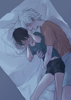 2boys absurdres bed black_hair closed_eyes crying dark highres holding_ears hug ikari_shinji male_focus multiple_boys nagisa_kaworu neon_genesis_evangelion pillow red_eyes scared shirt short_shorts shorts sweat tsubaki_xxx0921 white_hair yaoi