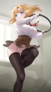 1girl absurdres ahoge black_thighhighs blue_eyes blurry blurry_background blush breasts bursting_breasts button_gap clothes_lift controller couch detective exercising feet_out_of_frame floating_hair flying_button from_below grin hair_between_eyes hair_ornament high-waist_skirt highres holding holding_controller hololive hololive_english indoors knees large_breasts long_sleeves looking_at_viewer medium_hair neckerchief no_bra panties pantyshot plaid_clothes plaid_skirt playing_games ring-con ring_fit_adventure see-through_clothes see-through_silhouette shirt shirt_tucked_in skindentation skirt skirt_lift smile solo somebody_(leiking00) standing standing_on_one_leg sweat sweatdrop swept_bangs thighhighs underwear virtual_youtuber watson_amelia white_panties white_shirt wind wind_lift window zettai_ryouiki