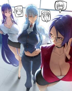 3girls belt blue_eyes breasts character_request choker cleavage eu03 fate/grand_order fate_(series) glasses hand_on_own_hip high_heels huge_breasts long_hair long_sleeves midriff minamoto_no_raikou_(fate) miniskirt multiple_girls navel office_lady parted_bangs purple_eyes purple_hair red_eyes selvaria_bles senjou_no_valkyria_(series) skirt smile suzuhara_misa very_long_hair white_hair zettai_junpaku_mahou_shoujo