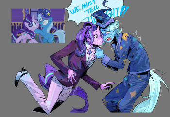 2girls :i \||/ ^^^ aqua_hair aqua_ribbon aqua_tail biantaishi1 blazer blue_hat blue_pants blue_shirt blue_skin breasts cheek-to-cheek collared_shirt colored_skin cropped_legs crossdressing crossdressing_(ftm) curly_hair english_text eye_contact face-to-face flat_chest grey_background hair_behind_ear hair_over_shoulder halftone hashtag-only_commentary hat heads_together high_ponytail highres horns horse_tail jacket lifting_another's_clothes long_sleeves looking_at_another medium_hair multicolored_hair multiple_girls my_little_pony my_little_pony:_equestria_girls my_little_pony:_friendship_is_magic neck_ribbon open_mouth pants pink_pants ponytail purple_hair purple_jacket purple_ribbon purple_skin purple_tail raised_eyebrow raised_eyebrows reference_inset ribbon scared scene_reference screenshot_inset shirt short_hair simple_background single_horn small_breasts standing standing_on_one_leg star_(symbol) star_print starlight_glimmer starlight_glimmer_(equestria_girls) streaked_hair striped_ribbon sweat tail teeth tongue trixie_lulamoon trixie_lulamoon_(equestria_girls) two-tone_hair two-tone_ribbon two-tone_tail unicorn_girl upper_teeth_only wavy_mouth white_hair white_shirt wide-eyed wizard_hat