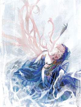 1girl absurdres aqua_eyes arm_up bare_shoulders black_dress black_hands black_veil blue_veil breasts chimera cleavage colored_extremities commentary cowboy_shot dress english_commentary floating_hair hair_between_eyes highres kame_moge long_hair looking_up medium_breasts monster_girl nautika_(reverse:1999) parted_lips pink_hair plunging_neckline reaching reverse:1999 sidelocks solo strapless strapless_dress two-tone_veil veil very_long_hair