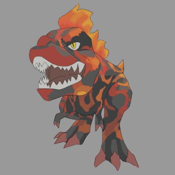 claws commentary dinosaur english_commentary fossil_fighters full_body grey_background highres lokisis no_humans sharp_teeth simple_background slit_pupils solo t-rex_(fossil_fighters) teeth tyrannosaurus_rex vivosaur yellow_eyes