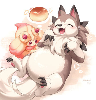 absurdres alcremie blush claws closed_eyes commentary_request fangs fat gen_7_pokemon gen_8_pokemon highres hoishere7 lycanroc lycanroc_(midday) lying nintendo no_humans on_back open_mouth pokemon pokemon_(anime) pokemon_(creature) pokemon_focus pokemon_horizons speech_bubble sweatdrop thought_bubble tongue