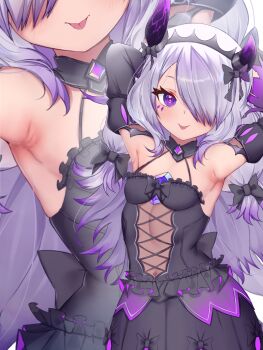 1girl absurdres armpits arms_behind_head arms_up black_dress breasts closed_mouth colored_tips commentary dress elbow_gloves english_commentary gloves grey_hair hair_over_one_eye highres hololive hololive_english horns koseki_bijou long_hair looking_at_viewer multicolored_hair purple_eyes purple_hair purple_horns semnomeart small_breasts tongue tongue_out virtual_youtuber zoom_layer