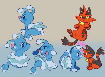 Rule 34 | black fur, brionne, commentary, english commentary, gen 7 pokemon, gradient background, heart, highres, looking at another, multiple views, nintendo, one eye closed, open mouth, pokemon, pokemon (creature), red fur, tail, torracat, two-tone fur, vitreous glassy, yellow eyes