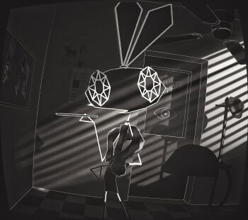 Rule 34 | 1girl, animal ears, ceiling fan, cigarette holder, coat rack, commentary, dark, door, dress, english commentary, feather boa, film noir, greyscale, hat, highres, indoors, monochrome, newspaper, p.carredo, rabbit ears, solo, tile floor, tiles, vib-ribbon, vibri (vib-ribbon), window shadow, wireframe