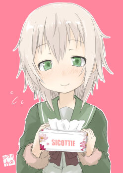 1girl absurdres artist_logo flying_sweatdrops fur-trimmed_sleeves fur_trim fyuo green_eyes green_jacket green_sailor_collar grey_eyes highres jacket kantai_collection logo long_sleeves looking_at_viewer red_background sailor_collar school_uniform serafuku shimushu_(kancolle) short_hair solo tissue_box upper_body