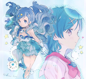 Rule 34 | 1girl, artist name, bare shoulders, blue background, blue boots, blue dress, blue gloves, blue theme, blush, boots, bracelet, breasts, brown eyes, cleavage, commentary request, cross hair ornament, dress, earrings, floating hair, gloves, hair ornament, hano luno, highres, holding, holding microphone, houshou hanon, houshou hanon (idol), idol, jewelry, long hair, long sidelocks, looking at viewer, looking to the side, medium hair, mermaid melody pichi pichi pitch, microphone, multiple views, necklace, pearl bracelet, profile, red sailor collar, sailor collar, shell, shell necklace, sidelocks, signature, small breasts, star (sky), star (symbol), star earrings, star hair ornament, thick thighs, thighs, twitter username, very long sidelocks, wavy hair