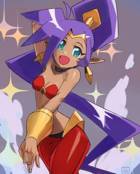 1girl 2020 arabian_clothes arm_up armpits big_hair blue_eyes bracer breasts choker cleavage cowboy_shot dark-skinned_female dark_skin earrings gold_earrings harem_pants hoop_earrings jewelry long_hair looking_at_viewer medium_breasts open_mouth overlord_jc pants pointy_ears purple_hair rectangular_earrings see-through_clothes see-through_pants shantae shantae_(series) smile solo sparkle very_long_hair