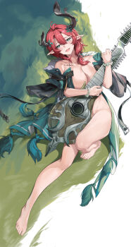 1girl 463_jun absurdres barefoot blush breasts chinese_commentary ciaccona_(wuthering_waves) collarbone commentary_request convenient_censoring feet frilled_wrist_cuffs frills from_above full_body green_eyes green_jacket groin highres holding holding_instrument instrument jacket knee_up large_breasts looking_at_viewer lying mole mole_under_eye multiple_moles naked_jacket nude on_back open_mouth pointy_ears red_hair smile solo tacet_mark_(wuthering_waves) thighs toes tree_horns wet white_wrist_cuffs wrist_cuffs wuthering_waves