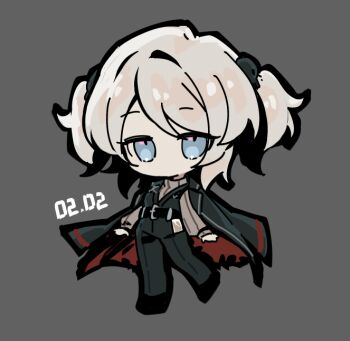 1girl belt black_belt black_coat black_pants black_vest brown_sweater coat coat_on_shoulders commentary faust_(project_moon) hair_ornament id_card limbus_company official_art pants project_moon ribbed_sweater skull_hair_ornament solo sweater twintails twintails_day vest