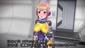 1girl 3d agent_mirai blender_(medium) blonde_hair blush bodysuit breasts brown_hair corruption covered_erect_nipples covered_navel dark_persona empty_eyes headphones hexagon_print highres hypnosis impossible_bodysuit impossible_clothes large_breasts latex mind_control mirai_(agent_mirai) multicolored_hair nipples open_mouth ponytail pubic_tattoo purple_bodysuit purple_eyes short_hair skin_tight solo tattoo umaaji_lady_mk2