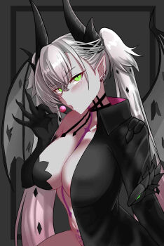 1girl absurdres black_cloak black_hands blush body_markings breasts candy cleavage cloak colored_extremities crossed_bangs demon_girl demon_horns demon_wings drac ear_piercing fate/grand_order fate_(series) food green_eyes grey_hair highres horns large_breasts lilith_(fate) lilith_(second_ascension)_(fate) lollipop long_hair looking_at_viewer navel open_mouth piercing solo stomach_tattoo tattoo twintails wings