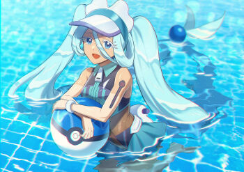 1girl aqua_hair blue_eyes blush bracelet crop_top dive_ball hair_between_eyes hatsune_miku highres jewelry long_hair low-tied_long_hair nintendo number_tattoo official_alternate_costume official_alternate_hairstyle open_mouth poke_ball pokemon pool project_voltage shirt shiyano sleeveless sleeveless_shirt smile solo tan tanline tattoo twintails very_long_hair visor_cap vocaloid water water_miku_(project_voltage) wet