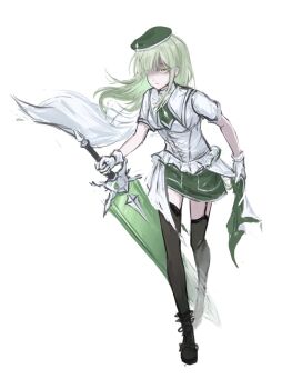 Rule 34 | 1girl, bang dream!, bang dream! it's mygo!!!!!, beret, black boots, black thighhighs, boots, cape, chinese commentary, closed mouth, commentary request, full body, gloves, green hair, green hat, green skirt, hat, highres, holding, holding sword, holding weapon, long hair, looking at viewer, shirt, short sleeves, shoushud, simple background, skirt, solo, sword, thighhighs, wakaba mutsumi, weapon, white background, white cape, white gloves, white shirt, yellow eyes
