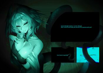 1girl absurdres ambience_synesthesia arknights bare_shoulders breasts cleavage commentary dress earrings english_commentary english_text fangs feathered_wings gameplay_mechanics hair_between_eyes hand_on_own_chest hand_up head_wings highres ho&#039;olheyak_(arknights) ho&#039;olheyak_(carriage_of_the_winds_of_time)_(arknights) jewelry large_breasts long_tail looking_at_viewer medium_hair no_i&#039;m_not_a_human official_alternate_costume smile snake_tail solo strapless strapless_dress tail tail_wrap user_interface wings yuki_(yuki_yu_owo)