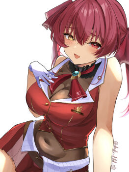 1girl ascot between_breasts black_choker black_leotard breasts choker cleavage commentary_request cropped_jacket dodo_ddd_08 frilled_choker frills hair_ribbon heterochromia highres hololive houshou_marine houshou_marine_(1st_costume) jacket large_breasts leotard leotard_under_clothes long_hair red_ascot red_eyes red_hair red_jacket red_ribbon red_skirt ribbon skirt sleeveless sleeveless_jacket twintails virtual_youtuber yellow_eyes