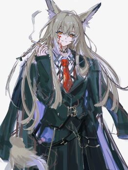 1girl absurdres animal_ears arknights between_fingers black_coat black_jacket blonde_hair blood blood_on_face chinese_commentary cigarette closed_mouth coat coat_on_shoulders commentary_request crossed_bangs cuts grey_hair hair_between_eyes highres holding holding_cigarette injury jacket light_smile long_hair looking_at_viewer multicolored_hair necktie orange_eyes red_necktie shirt simple_background sleeves_past_wrists smoke solo split_mouth streaked_hair vulpisfoglia_(arknights) white_background white_shirt zhishi_mao_tiao