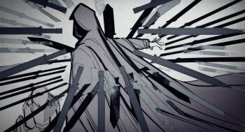 1boy character_request check_character cloak cowboy_shot curled_up facing_viewer floating floating_object floating_sword floating_weapon greyscale highres hood hood_up hooded_cloak horaceswarcsal kim_dokja male_focus monochrome omniscient_reader&#039;s_viewpoint outstretched_arm shaded_face solo sword too_many_weapons weapon yoo_joonghyuk