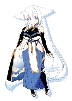 Rule 34 | 1girl, animal ears, bad id, bad twitter id, blue eyes, breasts, bridal gauntlets, clothing cutout, elbow gloves, fingerless gloves, fox ears, fox girl, fox tail, gloves, hakama, hakama skirt, hip vent, japanese clothes, konshin, large breasts, leotard, leotard under clothes, long hair, looking at viewer, original, skirt, solo, tail, thighhighs, toeless legwear, white hair, wide hips