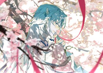 1boy absurdres blue_eyes blurry cherry_blossoms chinese_clothes chinese_commentary closed_mouth commentary_request curtained_hair dappled_sunlight depth_of_field earrings eyeliner facial_mark flower forehead_mark from_behind hair_ornament hand_to_own_mouth hand_up hanfu highres holding holding_ribbon hua_yi_shanxin_zhiyue jewelry leaf_hair_ornament ling_xi long_hair long_sleeves looking_at_viewer looking_back makeup male_focus parted_bangs pink_flower pink_ribbon portrait profile red_eyeliner ribbon robe sideways_glance smile solo sumidainxin sunlight tree white_hair white_hanfu white_robe