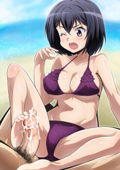 1girl barefoot bikini black_eyes blush breasts censored cum cum_on_body cum_on_lower_body ejaculation feet footjob joukamachi_no_dandelion large_breasts nami_makoto one_eye_closed open_mouth penis sakurada_kanade short_hair sitting soles swimsuit toes