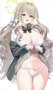 Rule 34 | 1girl, absurdres, blue archive, bow, bowtie, bra, braid, choppy bangs, clothes lift, commentary request, diagonal-striped bow, diagonal-striped bowtie, diagonal-striped clothes, flower halo, green bow, green bowtie, green halo, green jacket, grey skirt, hair bow, hair ribbon, halo, highres, jacket, lace, lace-trimmed bra, lace trim, large pectorals, lifting own clothes, looking at viewer, mashilemo, miyo (blue archive), open mouth, panties, partially unbuttoned, pectorals, ribbon, ribbon braid, skirt, skirt lift, smile, solo, striped bow, striped bowtie, striped clothes, underwear, white bow, white bra, white panties