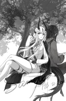 1girl 1other ahoge alternate_costume arknights back-to-back bag black_hair black_horns book collared_shirt doctor_(arknights) dragon_horns dragon_tail grey_shirt greyscale hand_up highres holding holding_book holding_pen hood hood_down hooded_jacket horns jacket ling_nian_dolly long_hair long_sleeves looking_at_viewer monochrome multiple_horns necktie parted_lips pen reed_(arknights) shirt sitting tail tree under_tree very_long_tail white_hair white_jacket white_necktie wing_collar