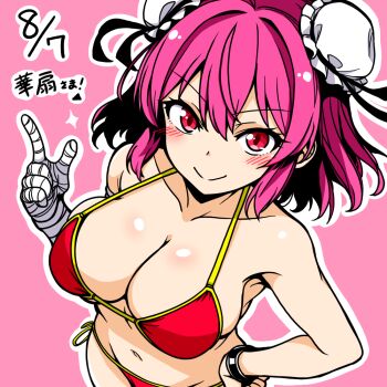 1girl anime_coloring bandaged_arm bandages blush breasts bun_cover chirisazame1 cleavage closed_mouth commentary cuffs dated double_bun groin hair_bun ibaraki_kasen large_breasts navel outline pink_background pink_hair red_eyes shackles short_hair simple_background smile solo touhou white_outline