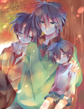 Rule 34 | 00s, 3boys, bad id, bad pixiv id, blue eyes, blue hair, clannad, english text, engrish text, furukawa akio, male focus, multiple boys, multiple persona, okazaki tomoya, ranguage, school uniform, shiroto iku, short hair, time paradox, typo