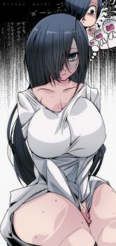 1girl 3others absurdres black_background black_eyes black_hair black_nails blush breasts cleavage collarbone covered_erect_nipples dress ghost hair_over_one_eye highres kinakomochi_(user_vedc2333) large_breasts long_sleeves looking_at_viewer multiple_others open_mouth sad scared sitting sparkle speech_bubble sweat tears the_ring thick_thighs thighs thought_bubble two-tone_background white_background white_dress yamamura_sadako