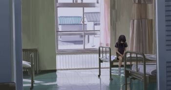 Rule 34 | 1girl, bed, black hair, commentary, curtains, day, faceless, faceless female, floor, hair ornament, highres, hospital bed, indoors, iwakura lain, own hands together, radiator, reflective floor, scenery, serial experiments lain, shirt, short sleeves, shorts, sitting, slice of life, socks, solo, virginmedium, wide shot, window, x hair ornament