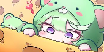 1girl absurdres alternate_costume blush c_rrat character_hood cheese chibi chibi_only chico_(yuzuha_riko) closed_mouth commentary_request creature double-parted_bangs eating food green_hair green_hood highres korean_commentary multicolored_hair purple_eyes stellive streaked_hair virtual_youtuber yuzuha_riko