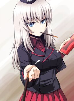 Rule 34 | 1girl, absurdres, black hat, black jacket, blue eyes, commentary, dress shirt, food, garrison cap, girls und panzer, giving, grey hair, hat, highres, holding, holding food, holding pocky, insignia, itsumi erika, jacket, kamishima kanon, kuromorimine military uniform, long sleeves, looking at viewer, medium hair, military hat, military uniform, mouth hold, pleated skirt, pocky, red shirt, red skirt, shirt, skirt, solo, standing, wing collar