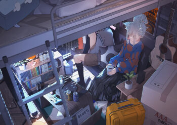 2girls absurdres acoustic_guitar animal_ears bookshelf can closed_eyes cup drink_can extra_ears grey_hair guitar hair_bun highres hoji_(hooooooooji1029) indoors instrument long_skirt mug multiple_girls original pleated_skirt rain shorts sitting skirt soda_can window