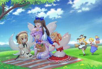 &gt;_&lt; 6+girls alice_margatroid apple apron black_hat black_skirt black_vest blonde_hair blue_bow blue_dress blue_eyes blue_sky blush book bottle bow bread broom brown_hair brown_shoes capelet chin_rest closed_eyes cloud commentary_request crescent crescent_hat_ornament day dress drill_hair fairy fairy_wings food fruit grimoire grimoire_of_alice hair_bow hairband hat hat_bow hat_ornament head_on_head head_rest headdress highres kirisame_marisa long_hair long_sleeves luna_child mob_cap multiple_girls one_eye_closed open_mouth orange_hair outdoors patchouli_knowledge pear picnic_basket picnic_blanket pink_capelet pink_dress pink_hat pointing puffy_short_sleeves puffy_sleeves purple_eyes purple_hair red_bow red_hairband red_skirt shanghai_doll shoes short_sleeves sitting skirt sky smile socks star_sapphire striped_clothes striped_dress sunny_milk touhou vertical-striped_clothes vertical-striped_dress vest waist_apron white_apron white_bow white_capelet white_dress white_socks wide_sleeves wings witch_hat yoruniwa