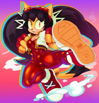 1girl absurdres animal_ears black_hair bodysuit bodysuit_under_clothes breasts cashumeru cat cat_girl cleavage cosplay cropped_jacket fingerless_gloves flying_kick full_body furry furry_female gloves goggles goggles_on_head highres honey_the_cat jacket jumping kicking legs looking_at_viewer makihara_arina motion_lines navel red_bodysuit red_gloves shiny_clothes shoes skin_tight smile sneakers sonic_(series) speed_lines tail thighs tight_clothes twintails waku_waku_7 white_jacket yellow_fur