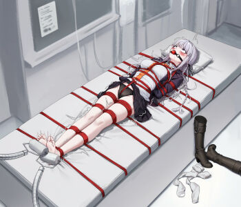 1girl absurdres arms_behind_back ball_gag barefoot bdsm black_panties blazer bondage boots bound bound_ankles bound_arms bound_breasts bound_calves bound_legs bound_thighs bound_torso breasts collared_shirt crotch_rope danganronpa:_trigger_happy_havoc danganronpa_(series) female_focus gag gagged grey_hair highres jacket kirigiri_kyoko kumachi_(aikawaakeya) long_hair looking_at_viewer lying medium_breasts necktie on_back orange_necktie panties purple_eyes restrained shibari shibari_over_clothes shirt skindentation soles solo tickling tickling_feet underwear unworn_boots variant_set very_long_hair white_shirt wiffle_gag