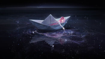 1girl absurdres argyle_clothes argyle_dress artist_request bloom_poetry_(shining_nikki) boat bow bowtie cross-laced_clothes cross-laced_dress downturned_eyes dress expressionless frilled_sleeves frills full_body highres long_hair long_sleeves looking_at_reflection lying medium_dress night night_sky nikki_(nikki) nikki_(series) ocean official_art on_boat on_side origami outdoors paper_boat paper_crane parted_lips pinafore_dress pink_dress pink_hair reaching red_bow red_bowtie reflection reflective_liquid second-party_source shining_nikki shirt sky sleeveless sleeveless_dress sleeves_past_wrists solo star_(sky) starry_sky turtleneck turtleneck_shirt very_long_hair watercraft white_shirt