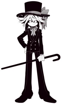 black_hair black_hat black_jacket black_pants black_sclera black_shoes boots buttons cane colored_sclera colored_skin double-breasted funamusea funamusea_(artist) gloves hat hat_ribbon holding holding_cane jacket long_sleeves looking_at_viewer multicolored_hair official_art pants ribbon shirt shoes short_hair smile solo top_hat white_background white_hair white_ribbon