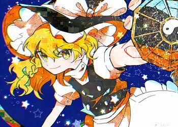 1girl aiming aiming_at_viewer apron black_hat black_vest blonde_hair blue_background bow braid closed_mouth green_bow hat hat_bow holding itomugi-kun kirisame_marisa long_hair looking_at_viewer mini-hakkero outstretched_arms puffy_short_sleeves puffy_sleeves shirt short_sleeves side_braid single_braid smile solo star_(symbol) star_symbol_background touhou vest waist_apron white_apron white_bow white_shirt witch_hat yellow_eyes yin_yang