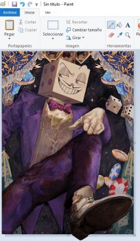 1boy art_program_in_frame border bow bowtie commentary cuphead_(game) dice formal_clothes grin king_dice purple_bow purple_bowtie smile solo symbol-only_commentary weofrito